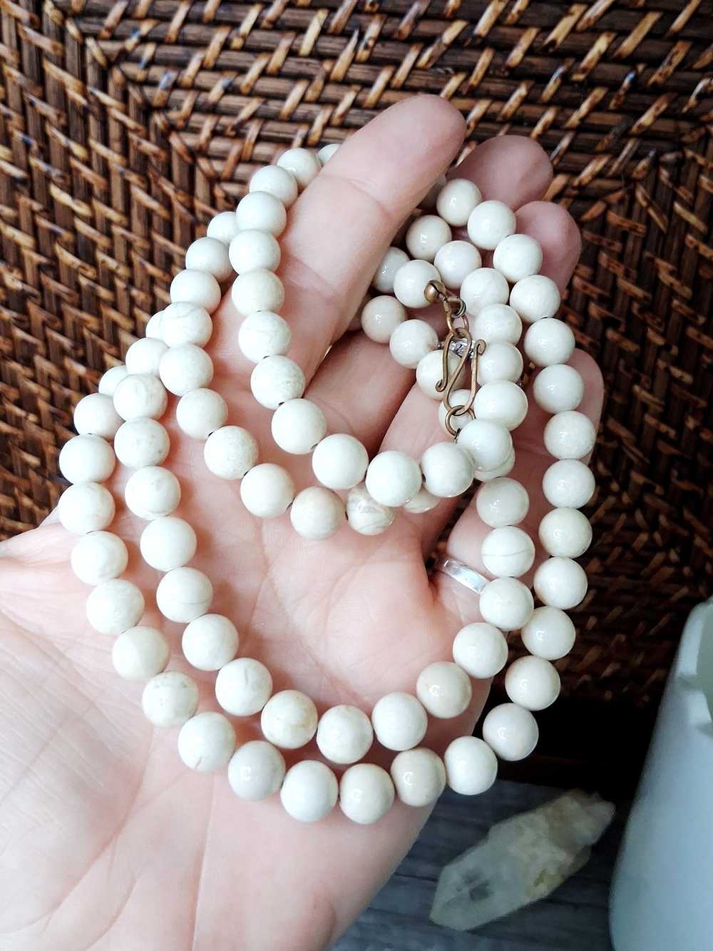 Long Cream Beaded Marble Necklace - Round Stone Necklace